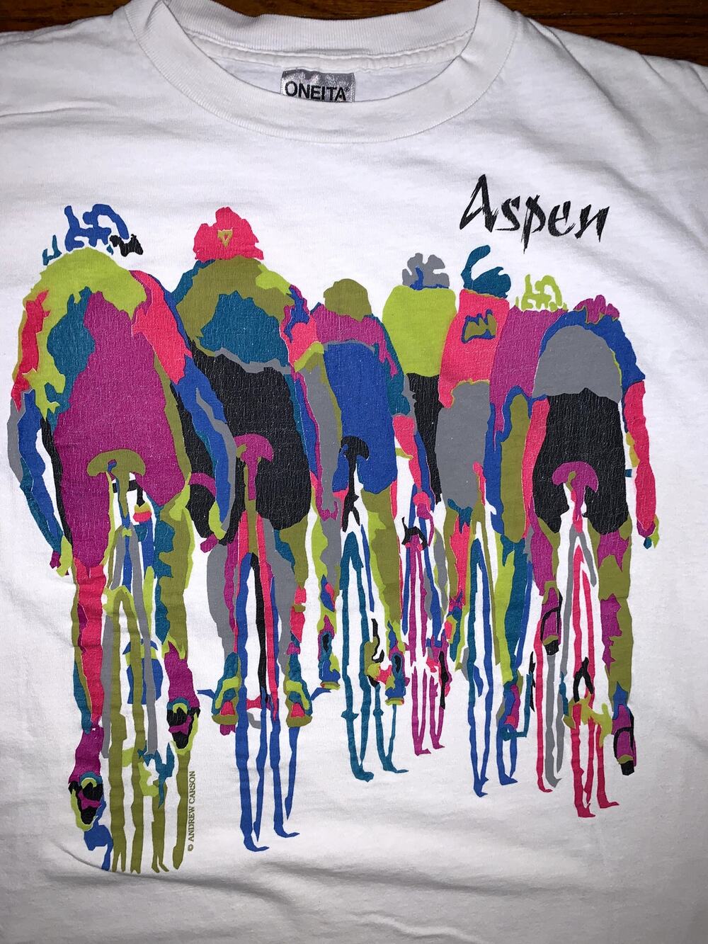 Vintage 90s Aspen Colorado Cycling T Shirt Oneita USA Neon Art Large